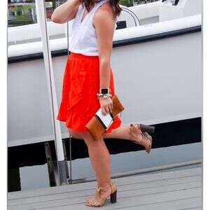 J Crew Linen Citrus Orange Classic Ruffled Faux Wrap Skirt Knee Length Women 8 M